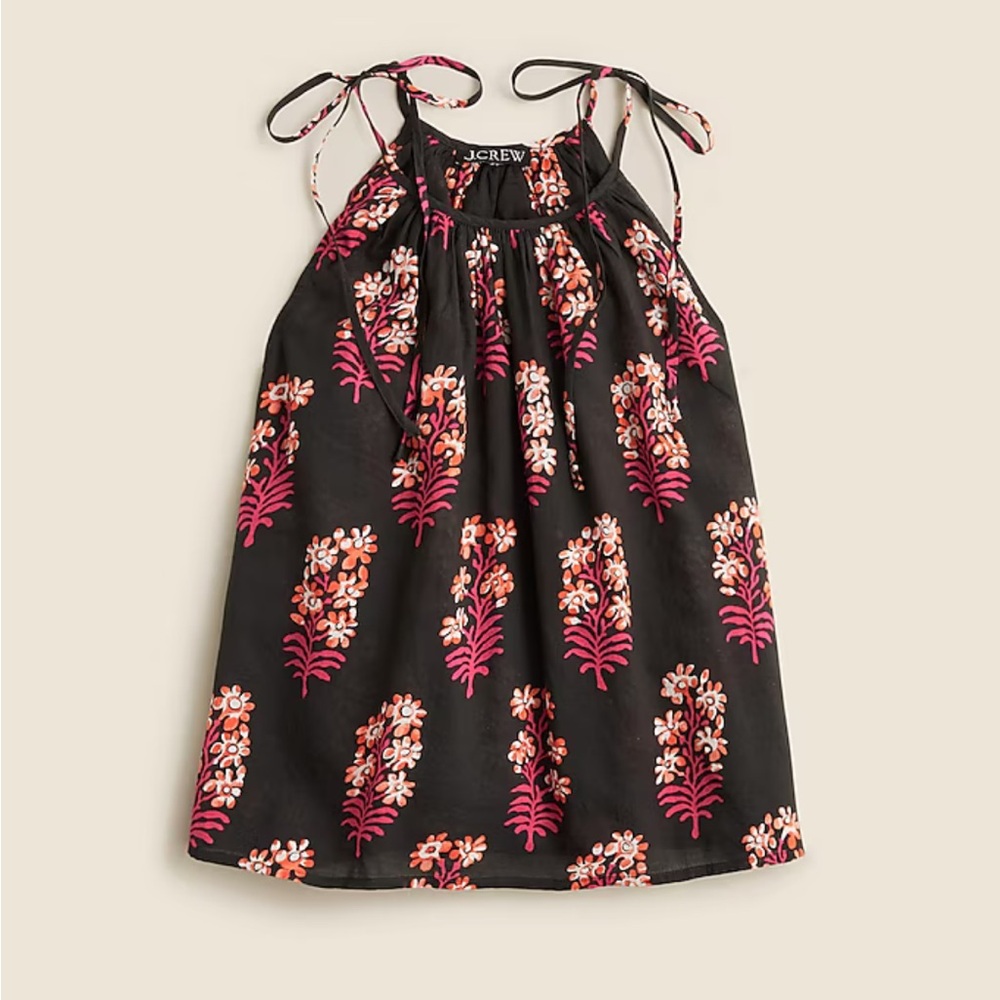 Tie-shoulder tank top in cocoa block-print cotton voile